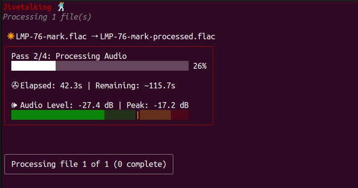Jivetalking screenshot, showing a file being processed